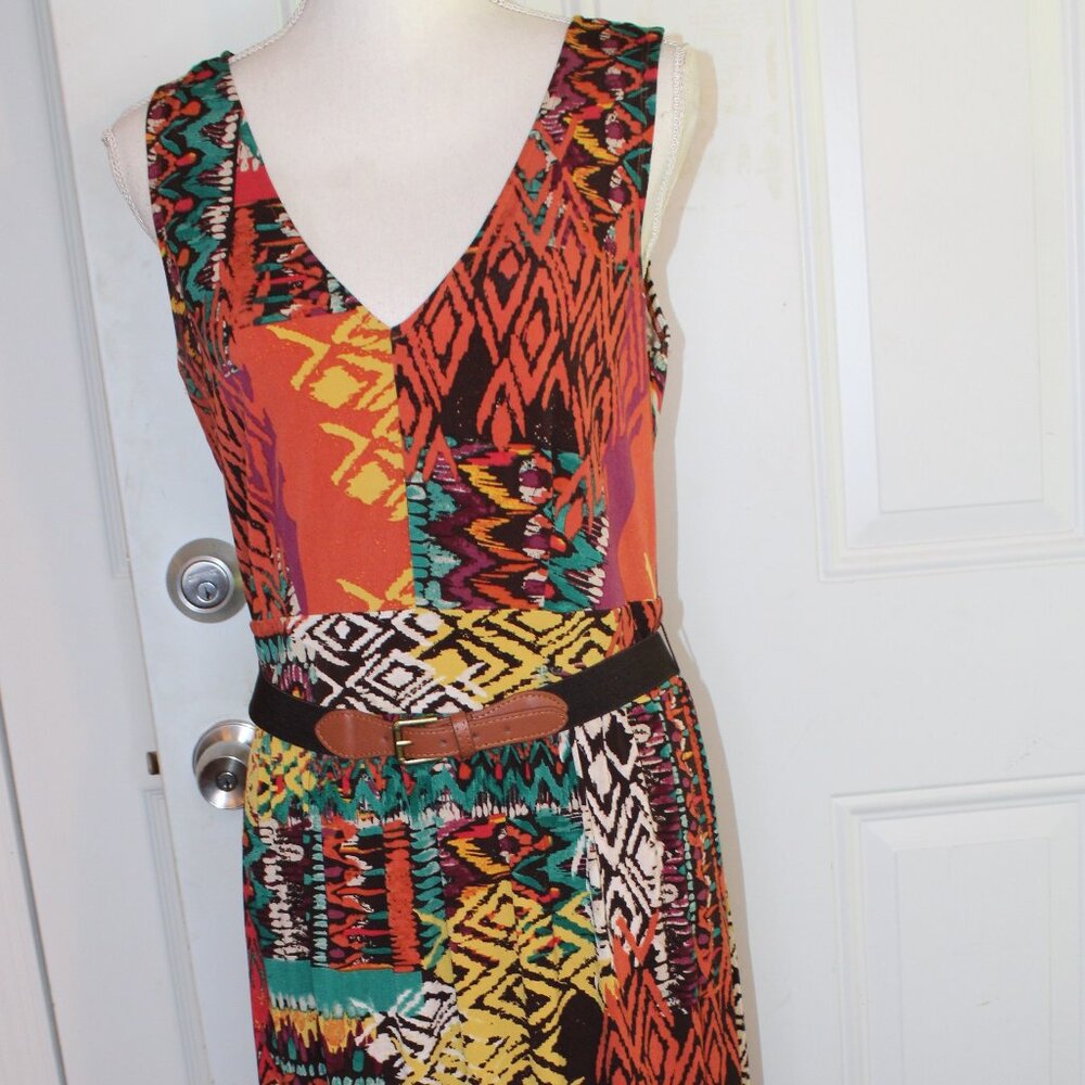Robbi Bee Maxi Dress, Pull On Colorful Art Deco Knit Dress Size L - Picture 2 of 9